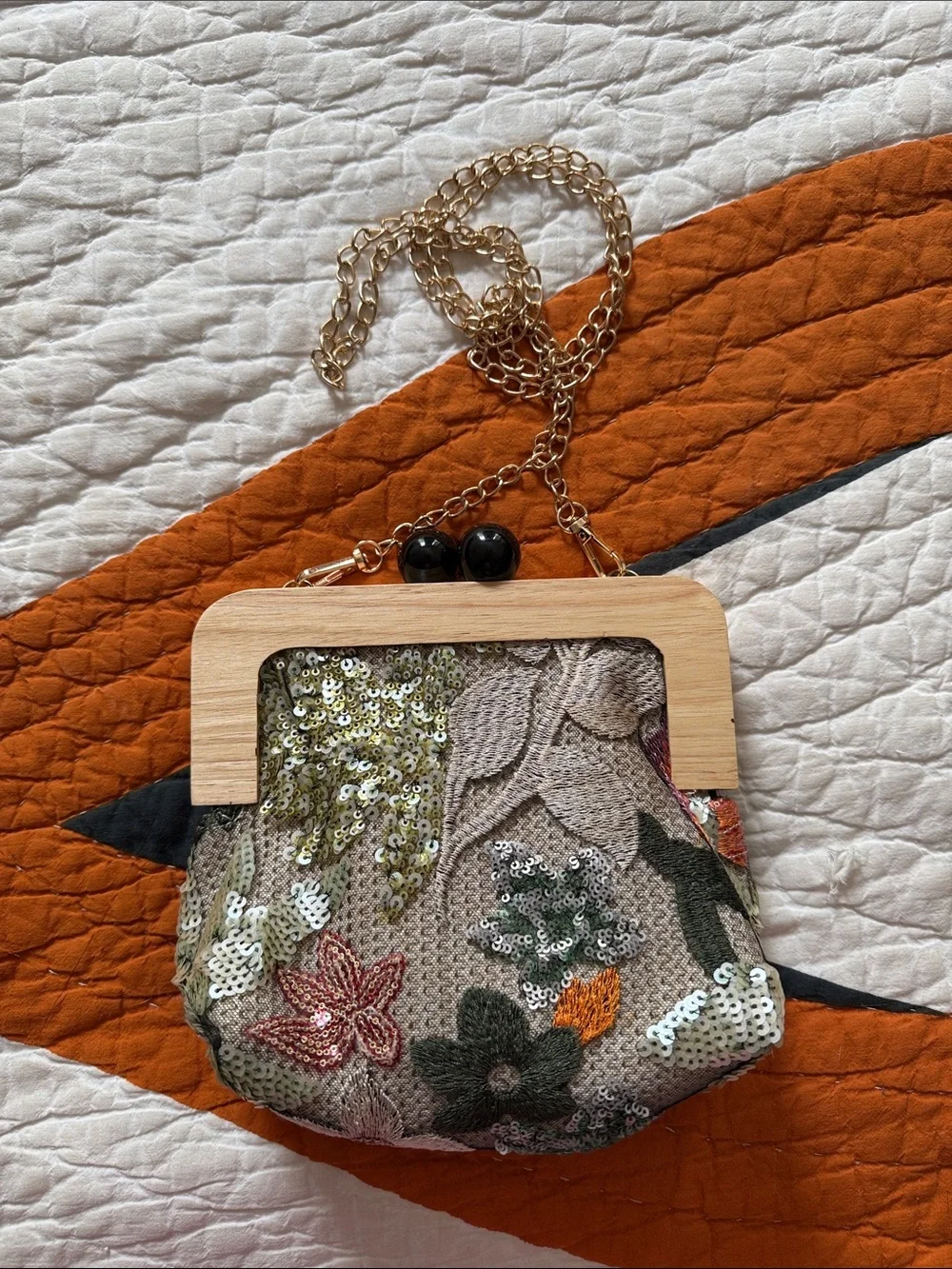 Embroidered Floral Sequin Crossbody Bag with Wood Frame - Multicolor